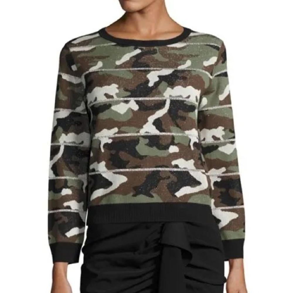 Veronica Beard Camouflage Crewneck Sweater in Green, Brown, Black, White